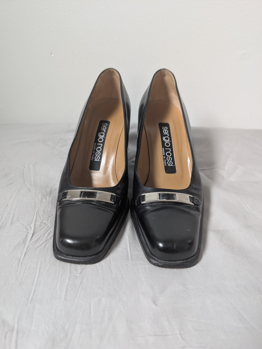 Sergio Rossi Black Patent Leather Square-Toe Pumps with Silver Bar